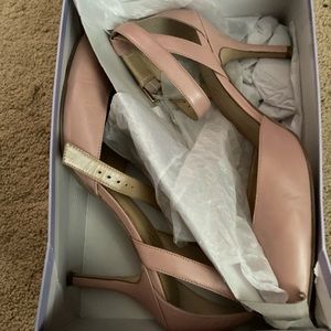 Size 10 pink leather Marc Fisher heels with an ankle strap and 3 inch heel.